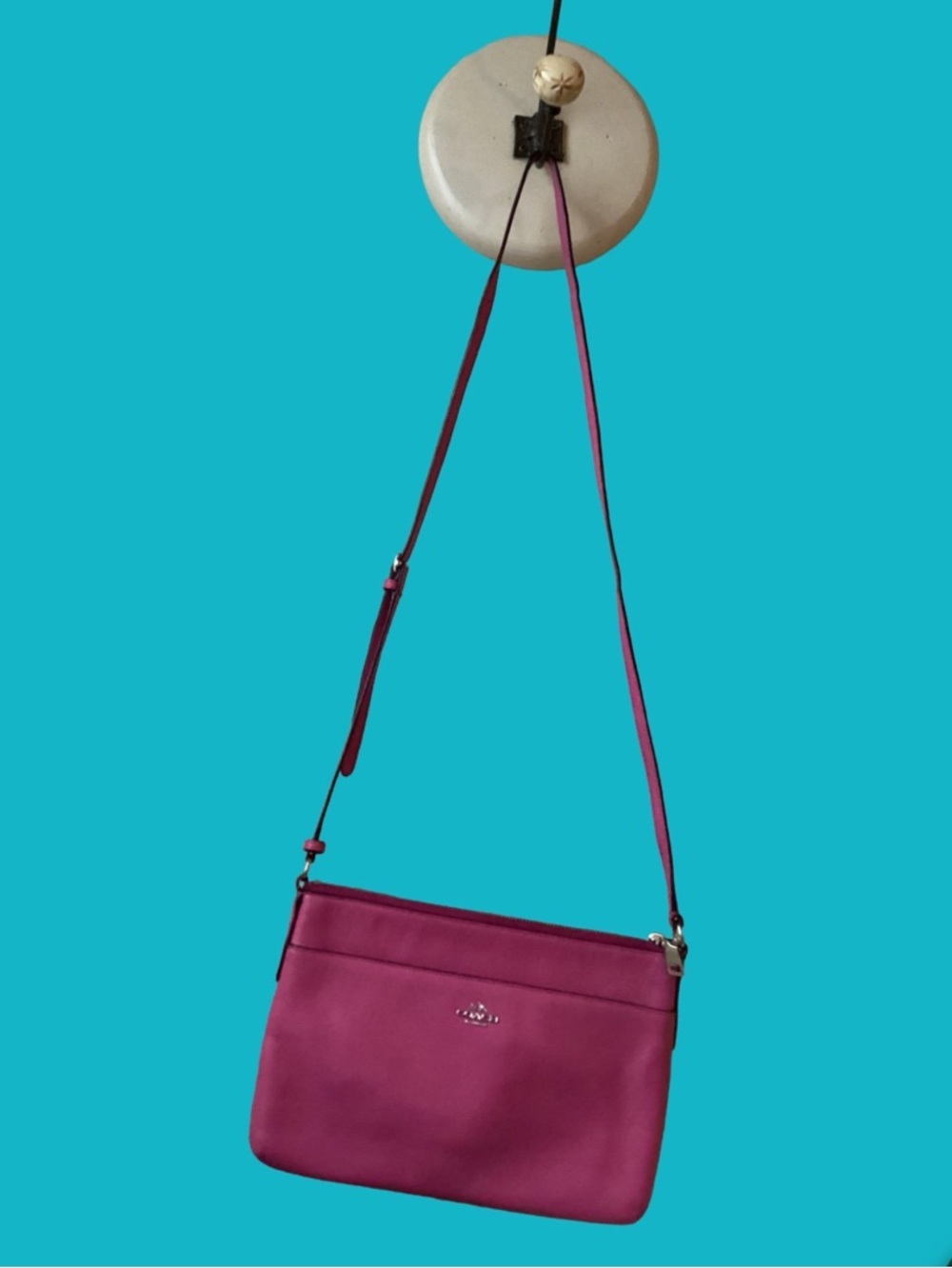 Hot Pink Coach Cross Grain Leather Crossbody Purse with Pockets & Metal Hangtag